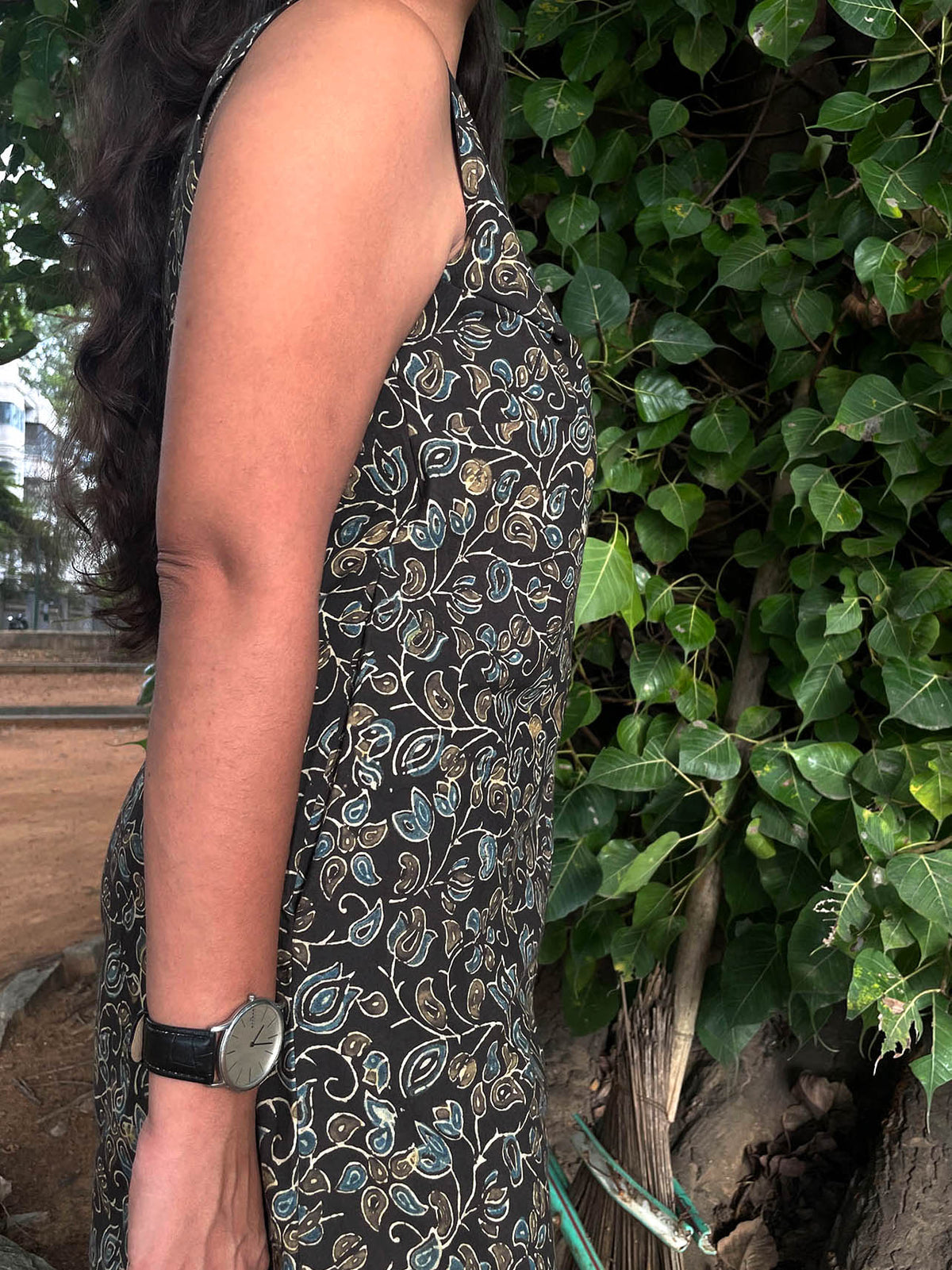 Olive Line Dress // Block Print Mulmul