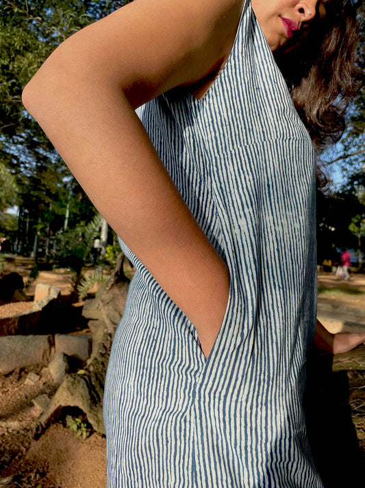 Indigo Striped Short Dress // Block Print Mulmul