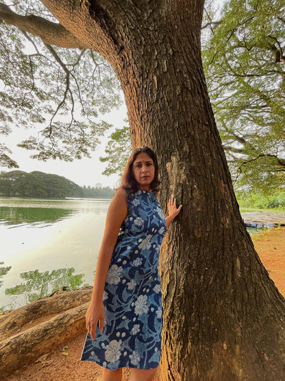 Indigo Phool Short Dress // Block Print Mulmul