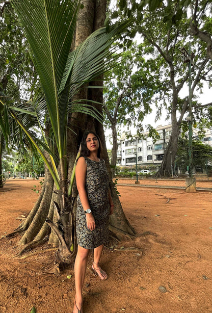 Olive Line Dress // Block Print Mulmul